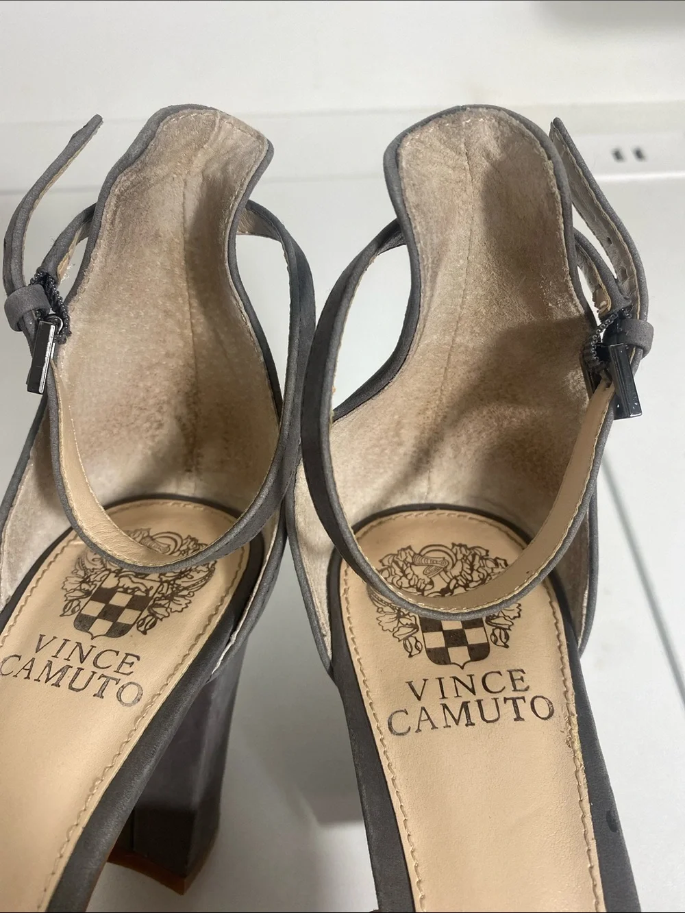 Vince Camuto Charcoal Suede Ankle-Strap Block Heels Size 7.5 M